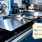 A modern industrial scene showing a CNC press brake performing precision metal bending at LS Manufacturing's facility, highlighting lower cost and faster time-to-market compared to stamping for custom parts.