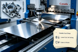A modern industrial scene showing a CNC press brake performing precision metal bending at LS Manufacturing's facility, highlighting lower cost and faster time-to-market compared to stamping for custom parts.